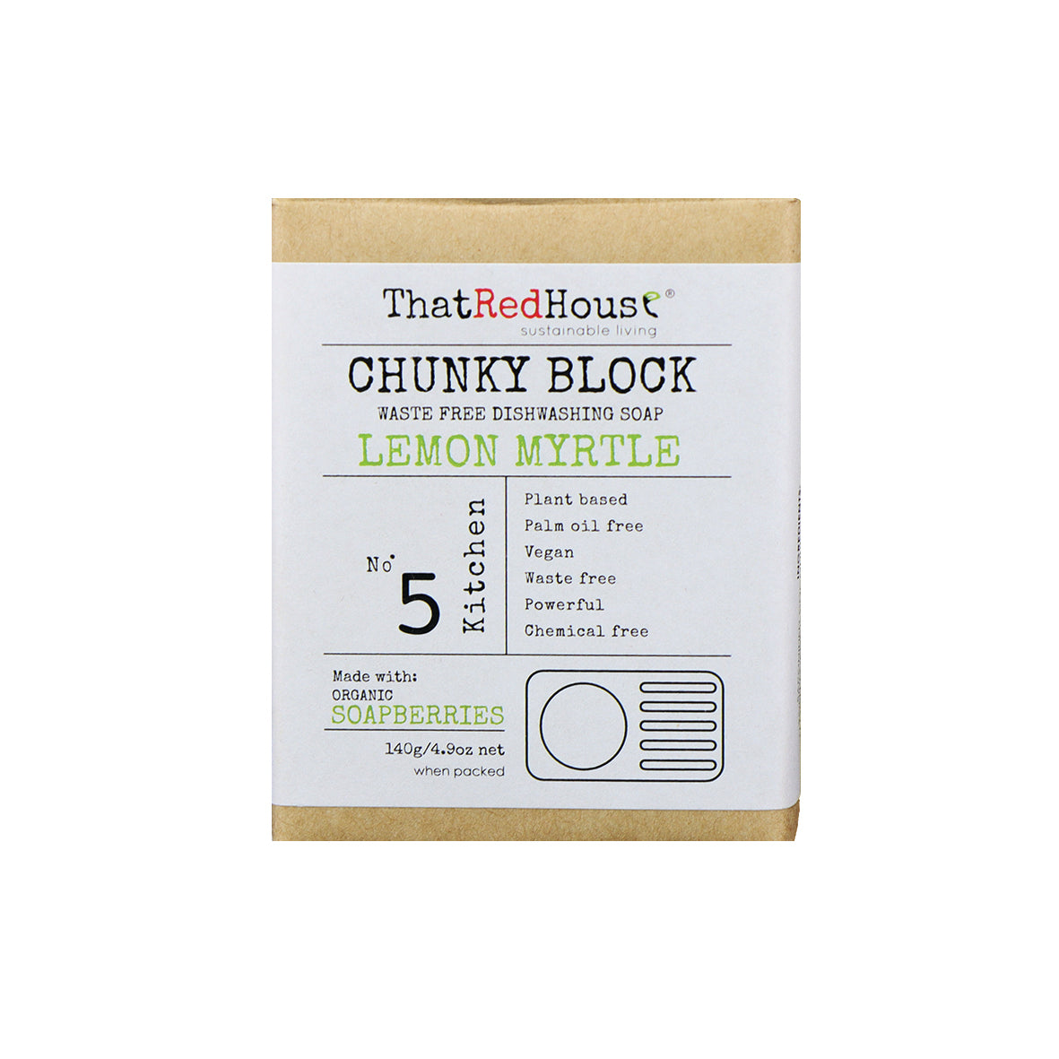 The red house chunky block waste free dishwashing soap lemon myrtle in packaging