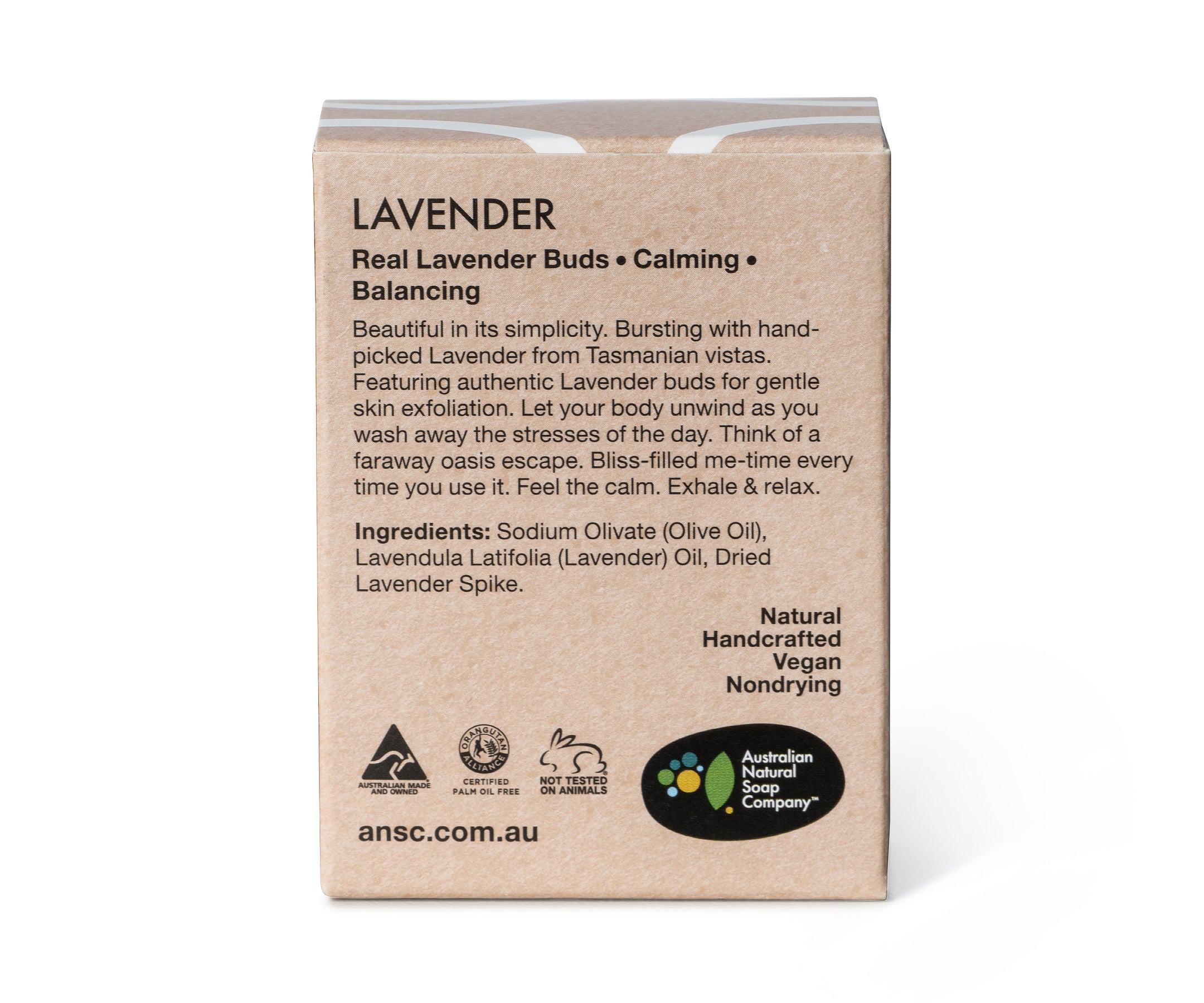 Australian Natural Soap Company handcrafted Lavender hand and body bar back of box