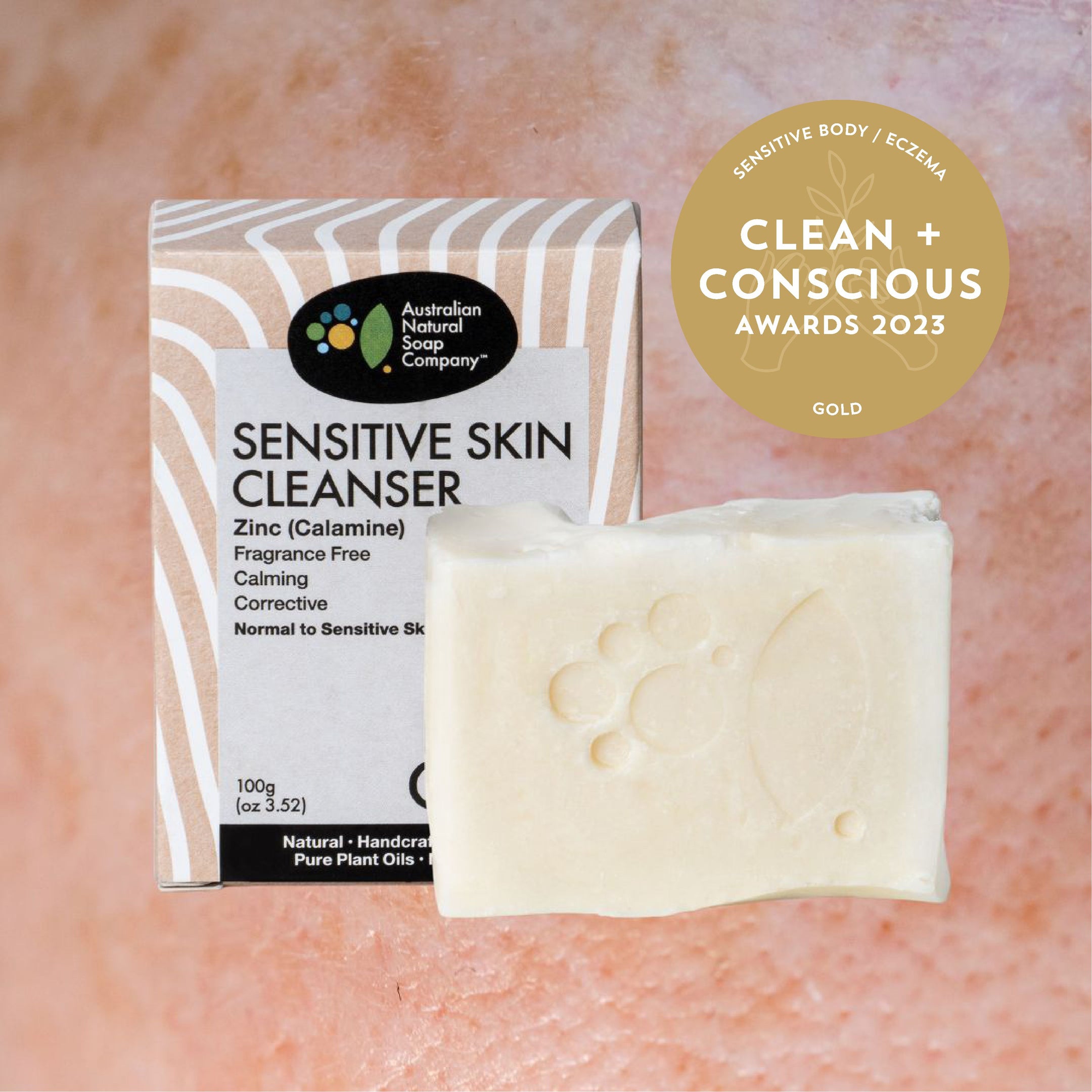 Australian Natural Soap Company sensitive skin face and body cleansing bar 100g box and out of box soap with stamp for 2023 clean and conscious award for sensitive body and eczema productaward