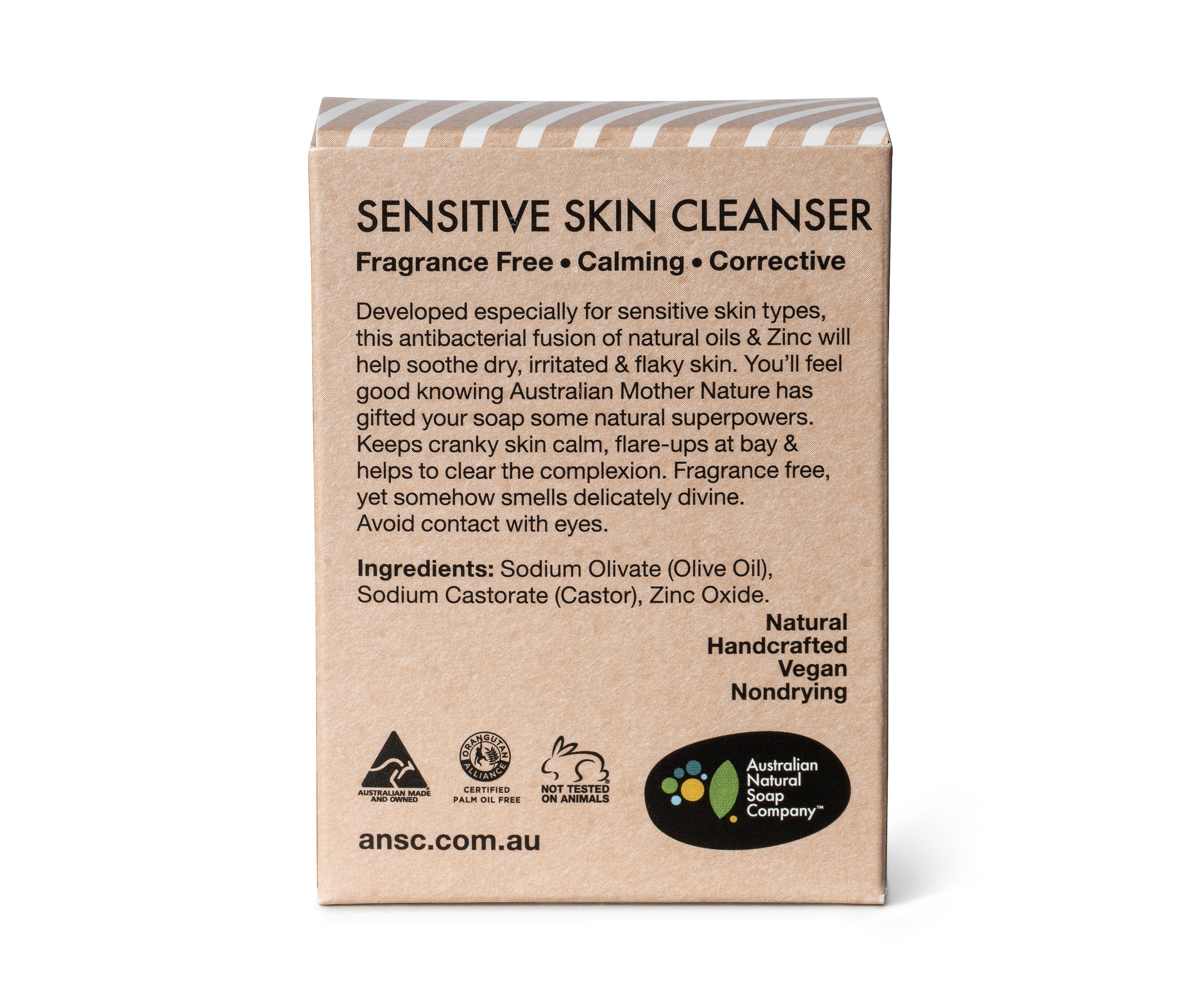 Australian Natural Soap Company sensitive skin face and body cleansing bar 100g back of box