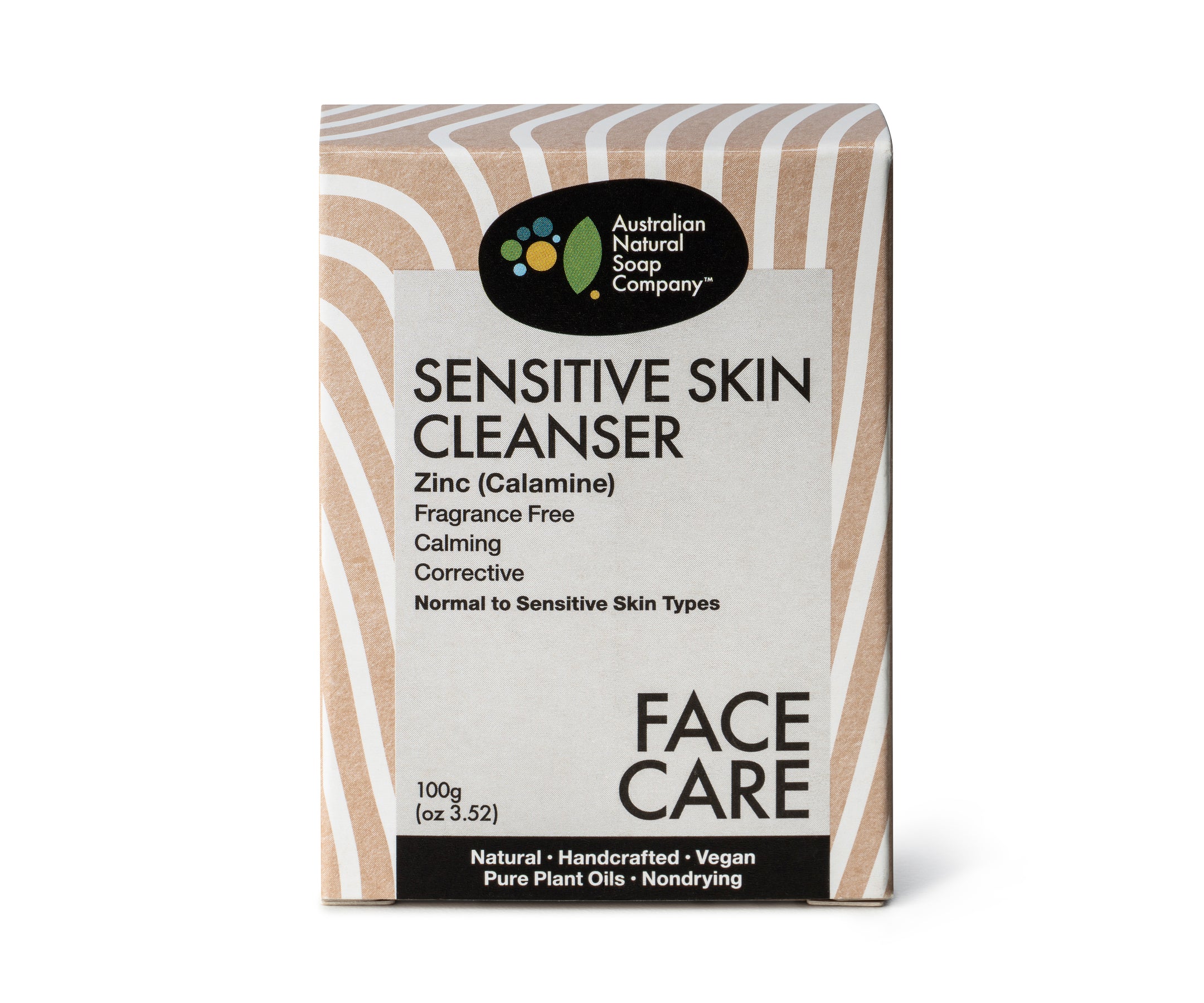 Australian Natural Soap Company sensitive skin face and body cleansing bar 100g front of box