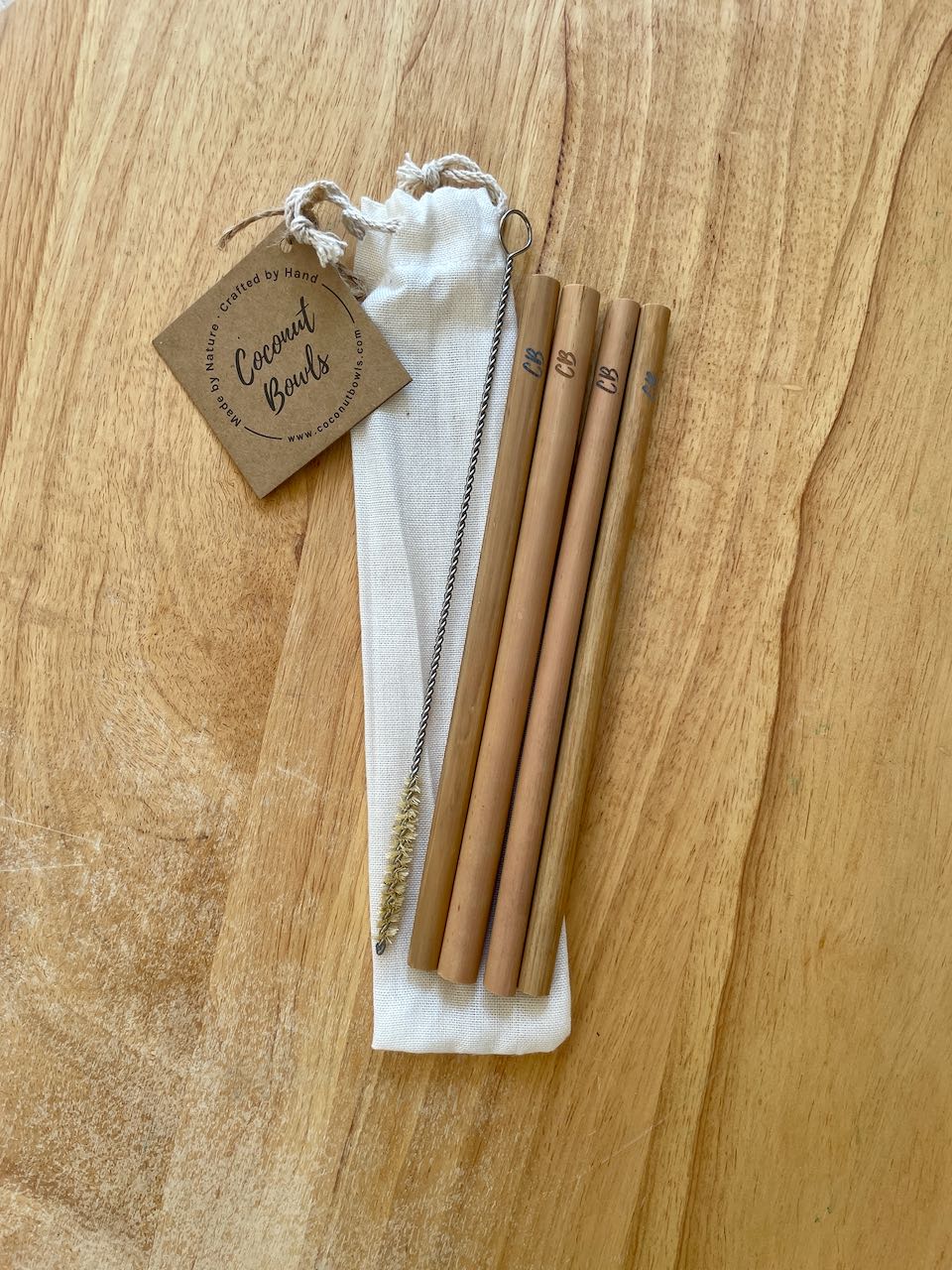 Set of four bamboo straws with cleaner and carry pouch re-usable eco-friendly plastic free
