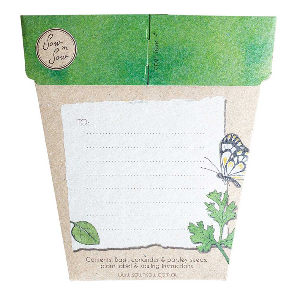 sow n sow gift of seeds trio of herbs basil parsley coriander back of card showing where to write your message