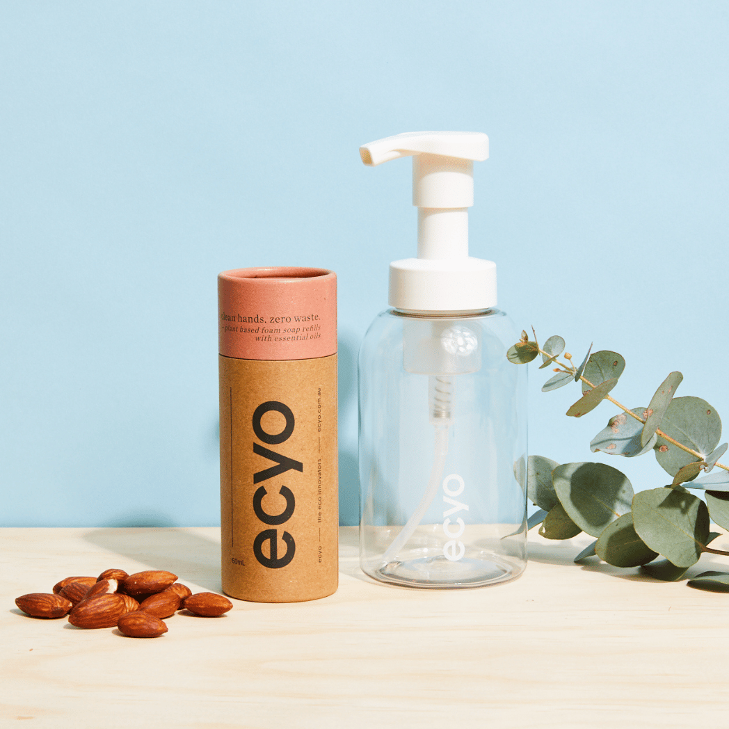 ecyo almond vanilla foaming hand wash start kit pump bottle and cylinder of soap refills
