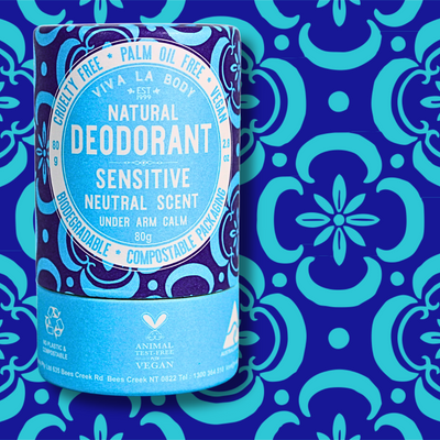 Viva La Body Sensitive Neutral Scent natural deodorant tube with patterned background