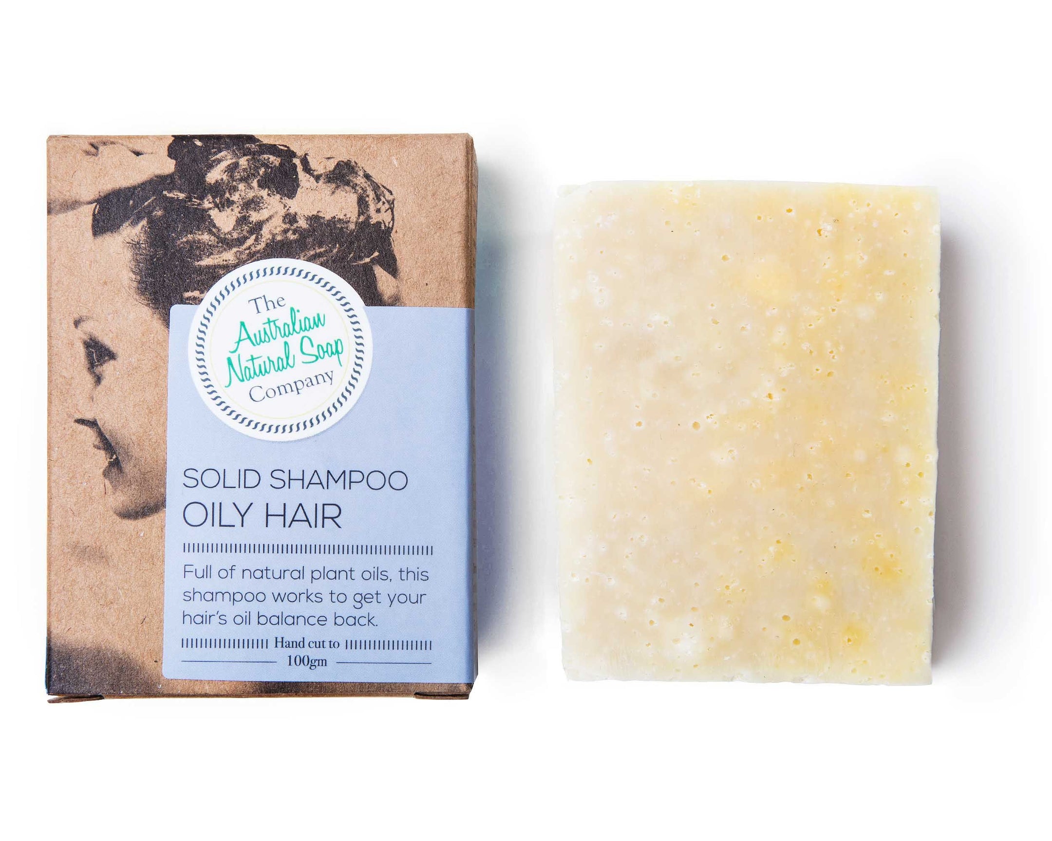 Australian Natural Soap Company shampoo bar for oily hair front of box and unpacked bar