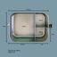 Stainless steel lunch box with 3 leak-proof compartments and measurements on a blue background