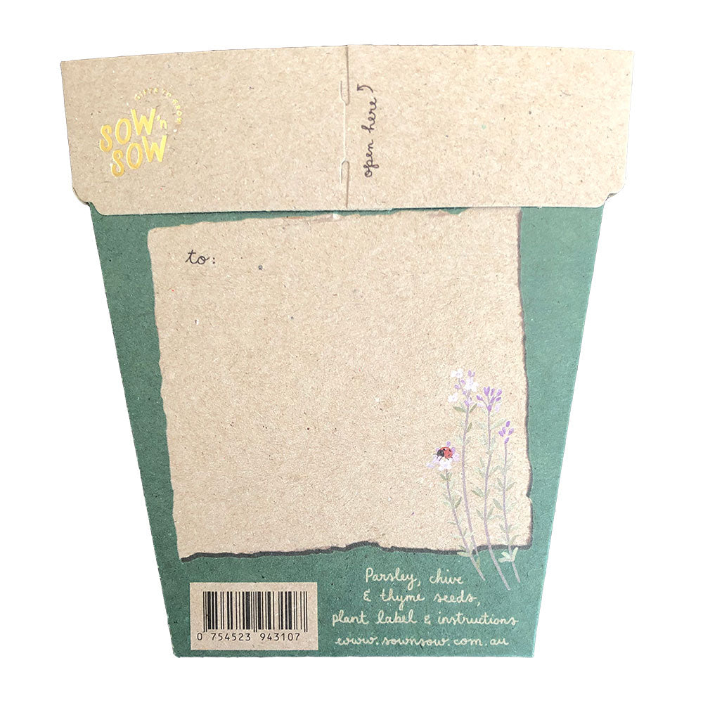 sow n sow christmas herbs gift of seeds back of card showing where to write your message to the recipient