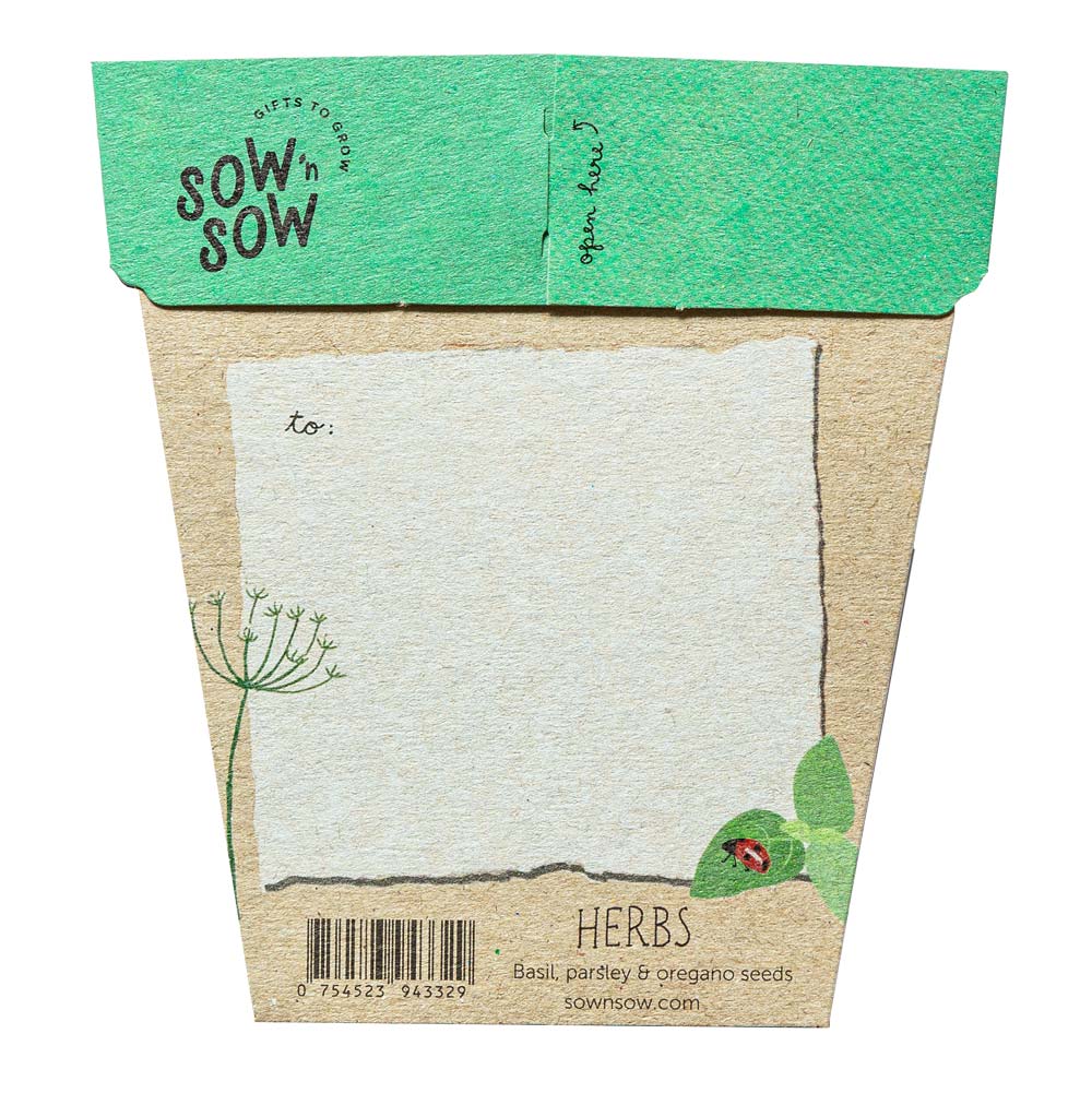 sow n sow gift of seeds garden herbs basil parsley oregano back of card showing where to write a message to the recipient