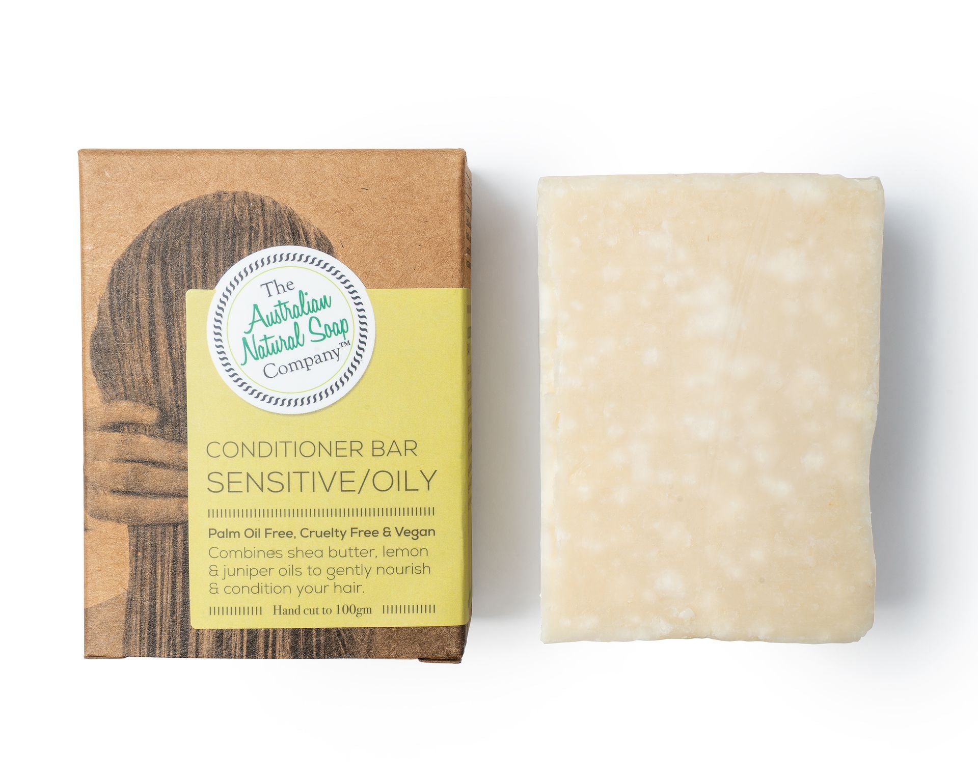 Australian Natural Soap Company hair conditioner bar for sensitive oily hair front of box and soap bar