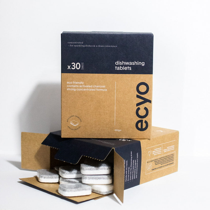 Ecyo eco friendly dishwasher tablets front of box and second box open showing tablets