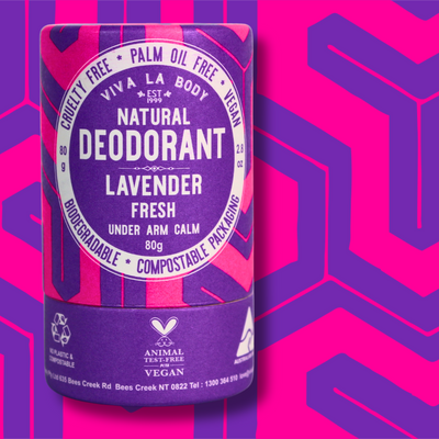 Viva La Body Natural Deodorant Lavender Fresh front of compostable packaging tube with pattern background