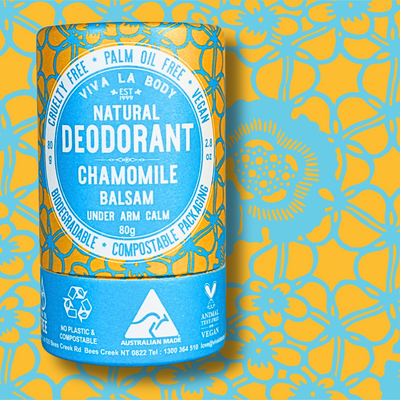 Viva La Body Natural Deodorant chamomile balsam front of packaging tube with pattern background