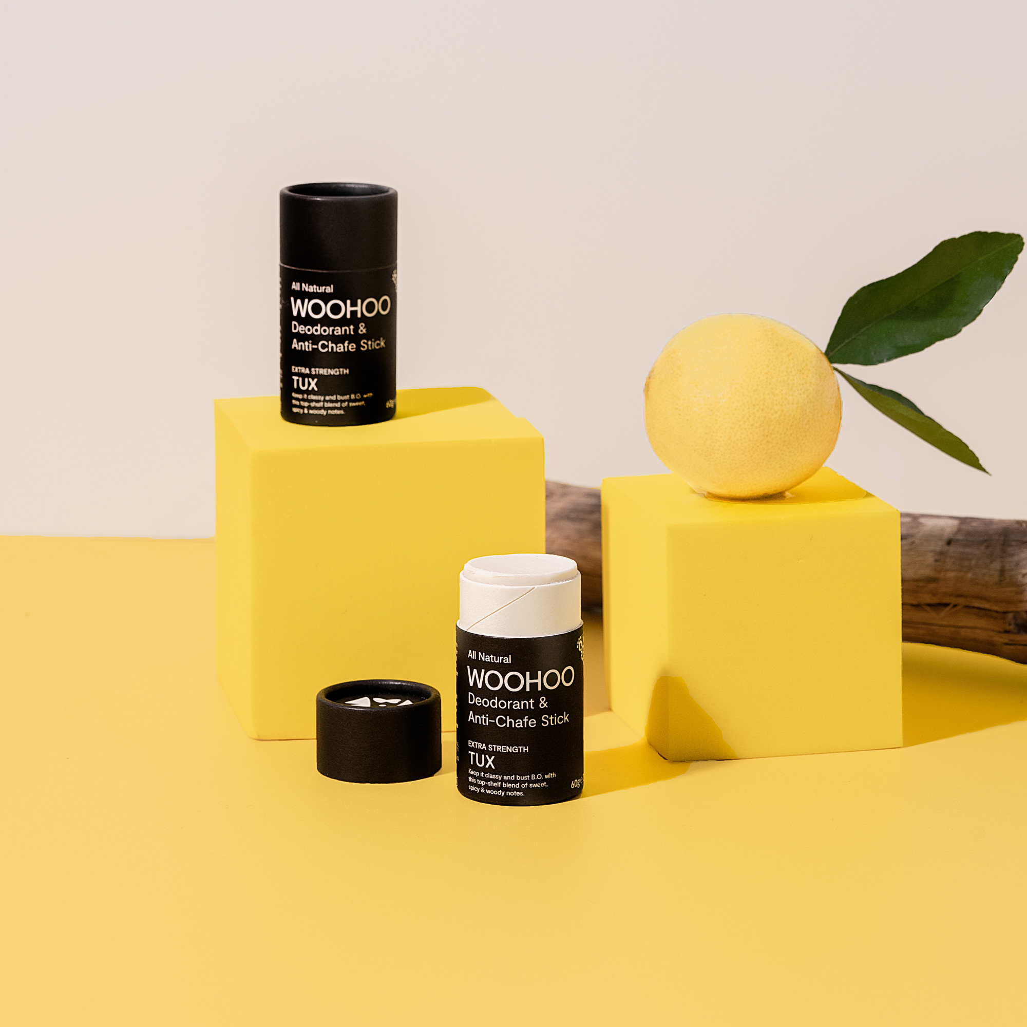 woohoo body deodorant and anti-chafe stick tux extra strength with lemon and tree branch