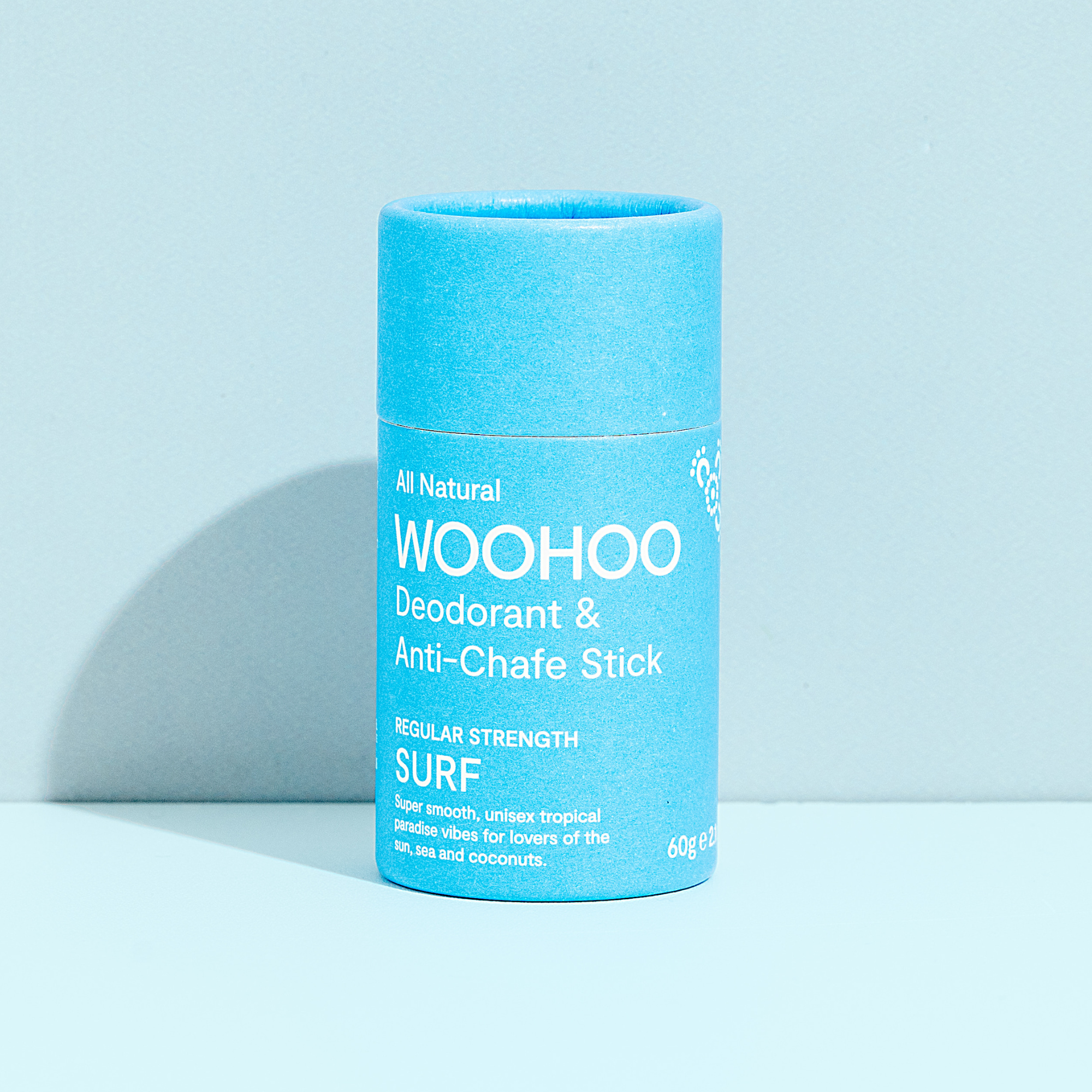 woohoo surf all natural deodorant and anti-chafe stick 60 grams front of packaging tube