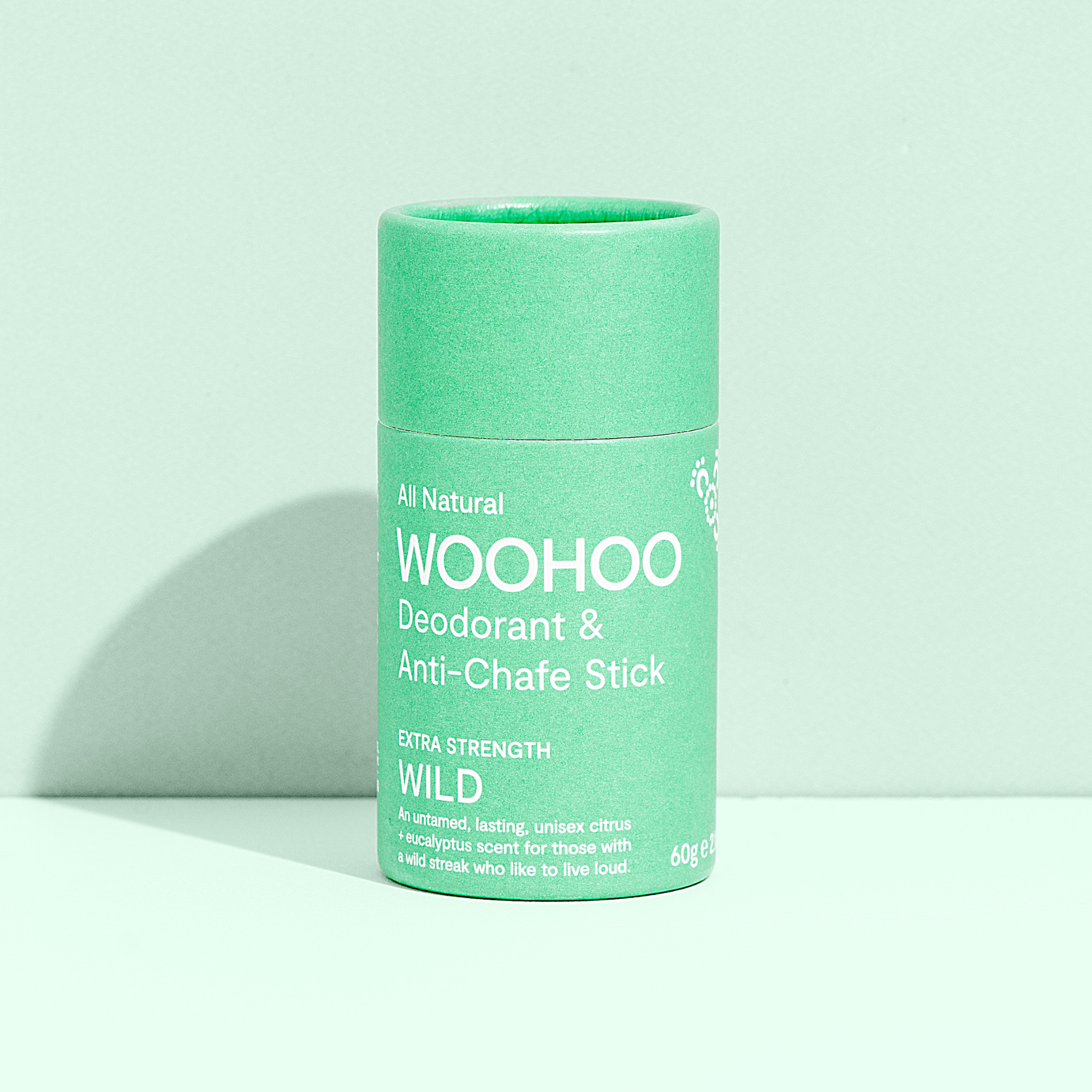 woohoo wild all natural deodorant and anti-chafe stick extra strength 60 grams front of packaging tube