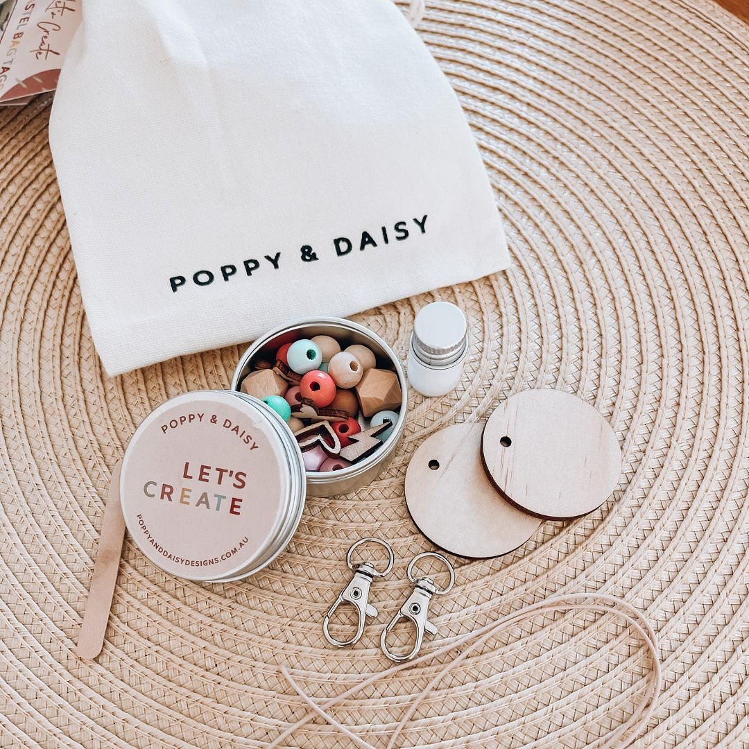 Poppy and daisy pastel bag tag kit showing contents